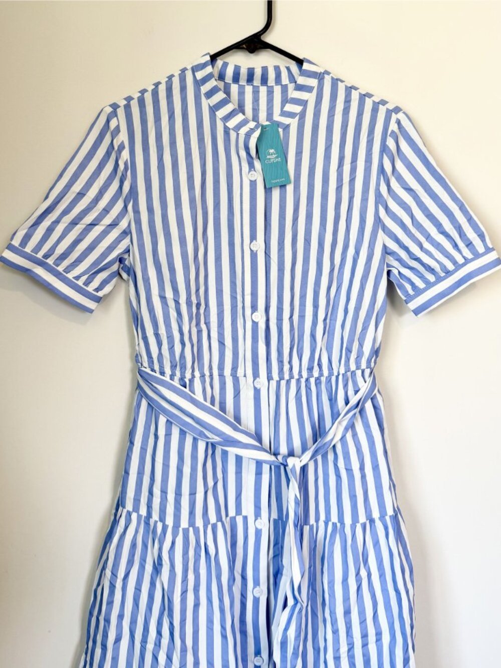 NWT Cupshe Blue Striped Puff Sleeve Front Button Maxi Dress - Size: Small - Picture 5 of 13